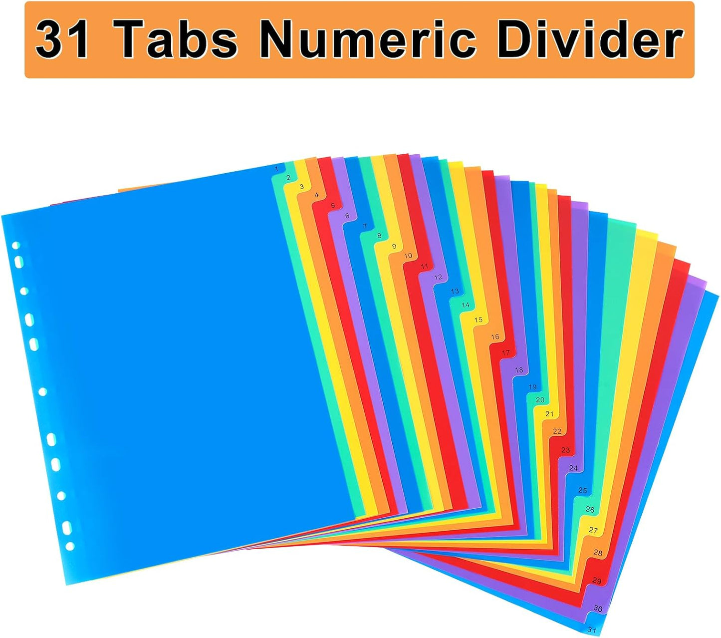 1-31 Tab Dividers, Plastic Binder Dividers for 2/3/4 Ring Binder, Customizable Table of Contents, Multicolor Number 1-31 Tabs, 5 Sets/ A4 Size