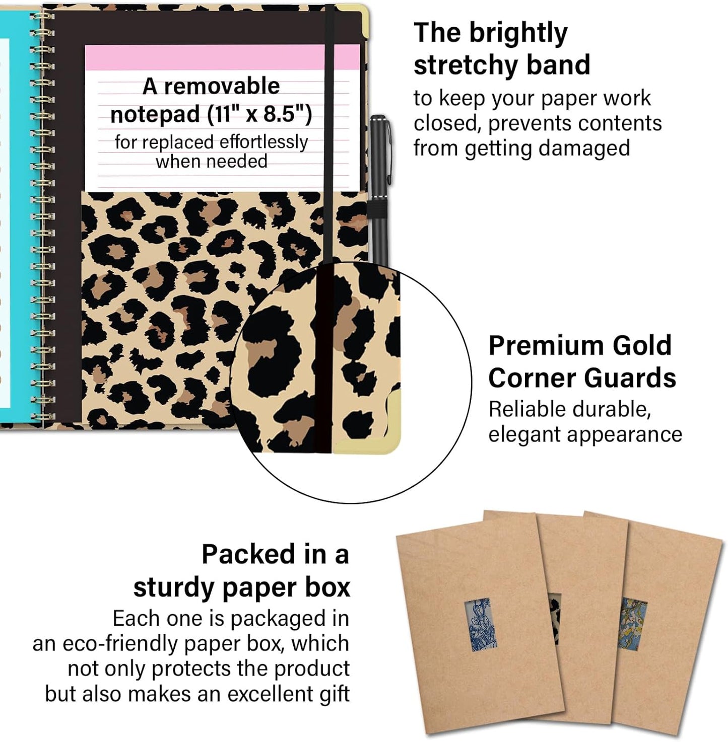 Foldable Clipboard Folio with Storage, 5 Plastic Folders with 10 Pockets,Refillable Lined Notepad (11" x 8.5"), Hardcover Project Organizer Nursing Teacher School Essentials(Cheetah Spots)