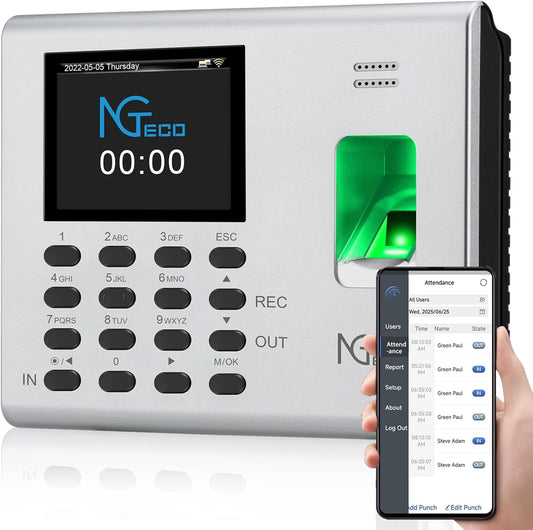 NGTeco Time Clock for Small Business, 2.4GHz WiFi Fingerprint Employee Time Card Machine with iOS/Android App, Automatic Punch in/Out, Battery Backup, No Monthly Fees