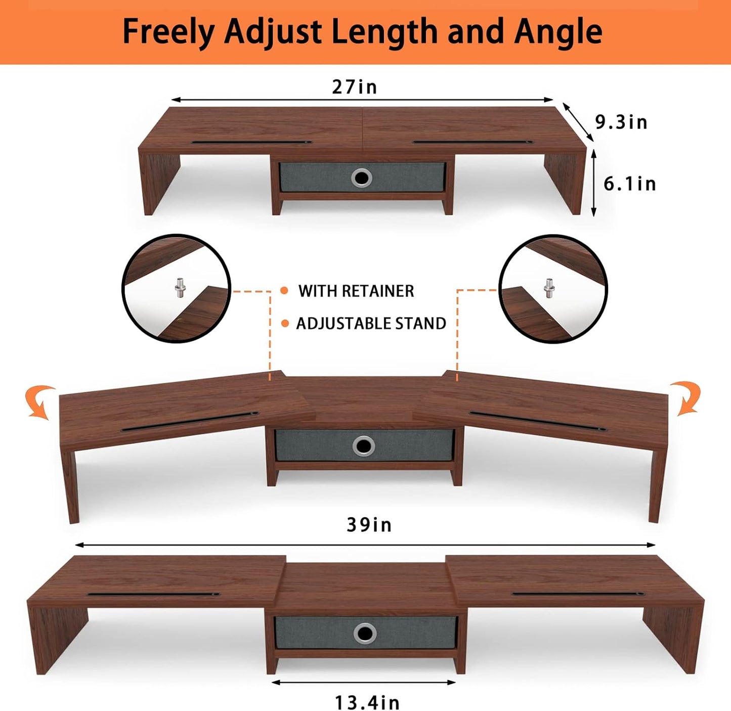 WESTREE Dual Monitor Stand Riser with Drawer - Adjustable Length and Angle, 2 Phone Hold, Desktop Organizer for Computer/Laptop/PC/Printer
