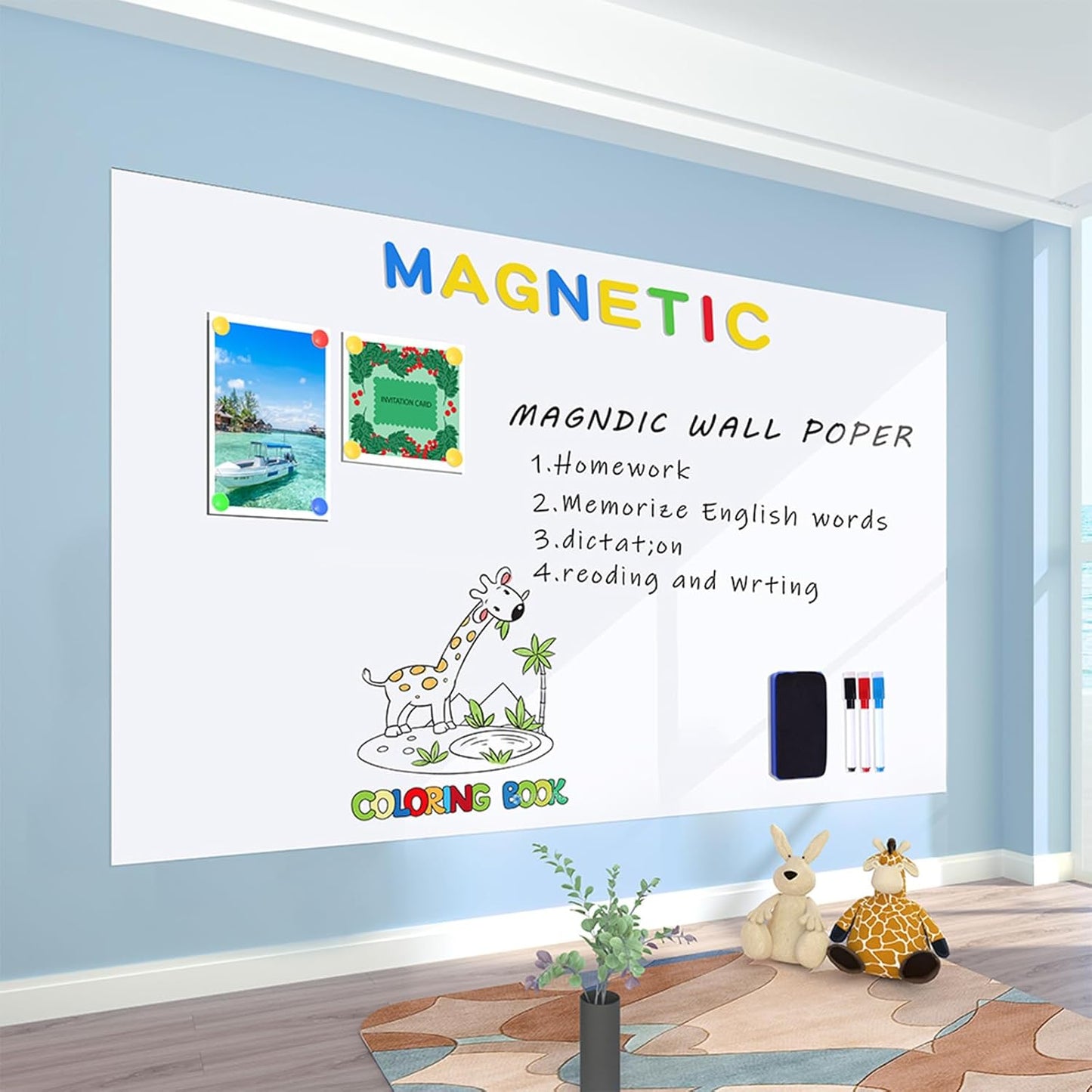 Magnetic Whiteboard Contact Paper 24" x 48" Peel and Stick Dry Erase White Board for Wall Self-Adhesive Decal Wallpaper Sticker for Office, Home, with Marker, Eraser and Magnet