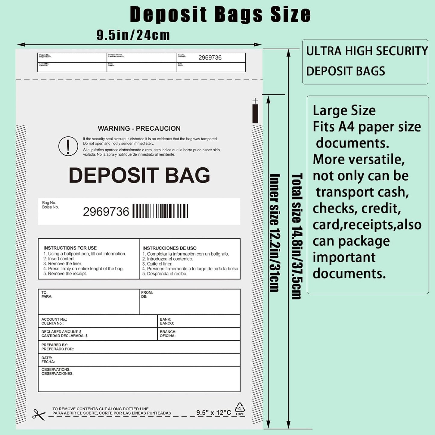 Plastic Deposit Bags 100-Pack Opaque 9.5''x 15'', Opaque Security Bank Deposits Bags,Cash register bag,Money bag for Cash,Bank Pocket,Tamper-Evident Bag,Unique Barcode