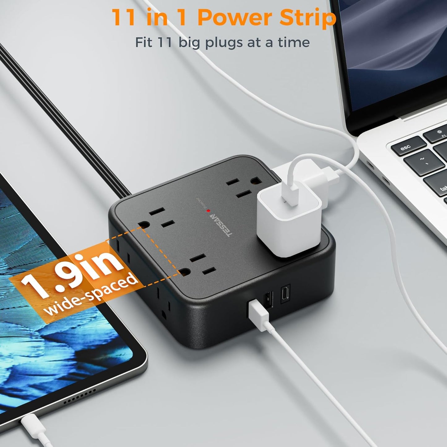 Power Strip Surge Protector 10 Ft Cord, TESSAN 8 AC Outlets 3 USB Charger (1 USB C Port), Thin Flat Extension Cord 10 Feet, Flat Plug, 900 Joules Protection, for Home, Office, Dorm Room Essentials