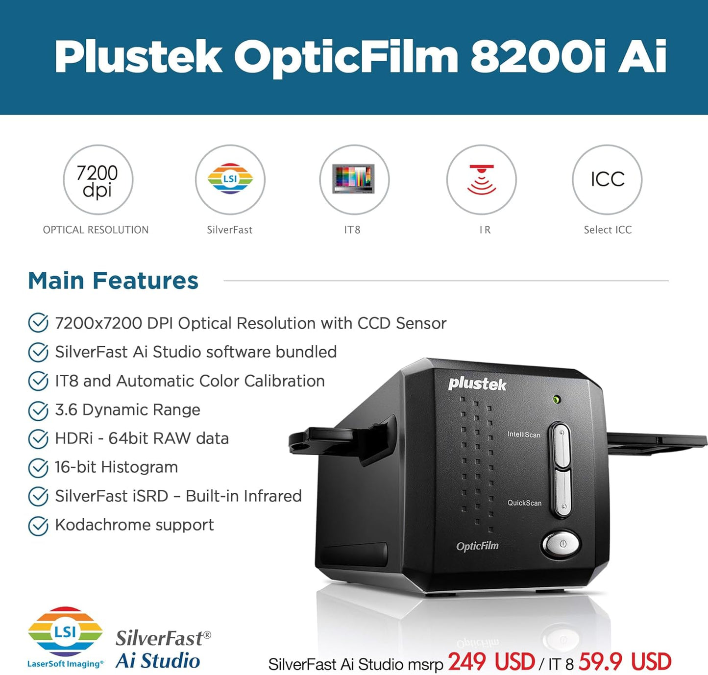 Plustek OpticFilm 8200i AI - 35mm Film & Slides Scanner. IT 8 Calibration Target + SilverFast Ai Studio 9, 7200 dpi Resolution 64Bit HDRi , Mac/PC