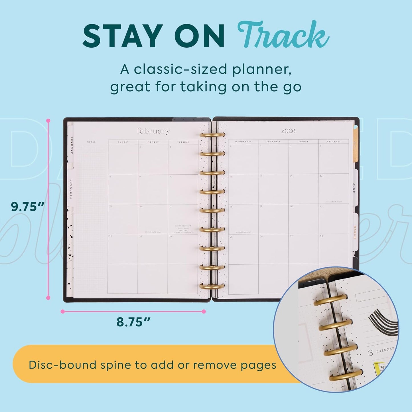 Happy Planner Disc-Bound Planner Jan.–Dec. 2026, Includes 3 Extra Months and 2 Sticker Sheets, Classic Size, 7" x 9.25", Dashboard Layout, Modern Texture