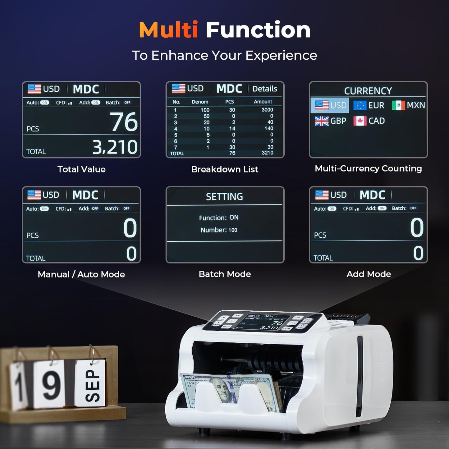 MUNBYN IMC09 Mixed Denomination Money Counter Machine, Value Counting, UV/MG/IR/MT Bill Counter, 3.5" TFT Display Money Counting Machine, USD, EUR, MXN, CAD Cash Counter for Business (White)