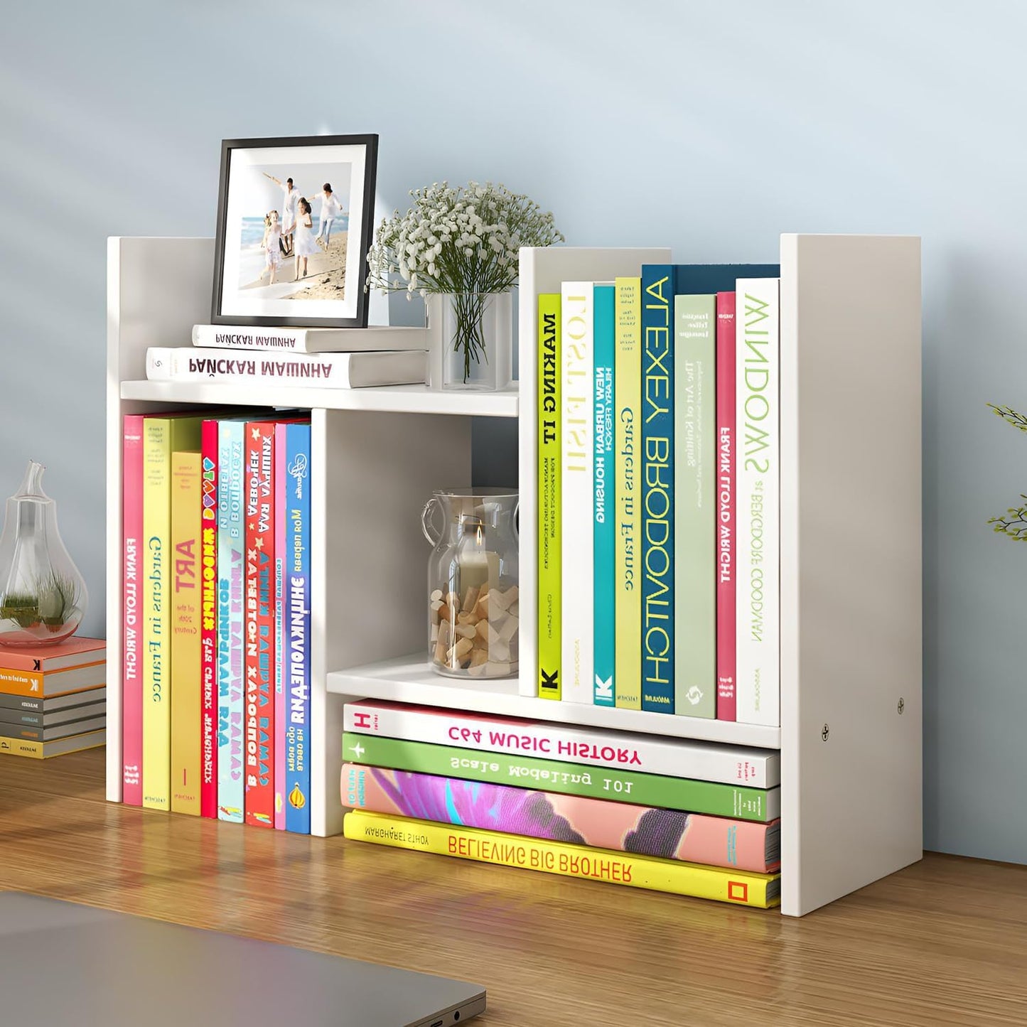YSJILIDE Wood Adjustable Small Desktop Bookshelf, Expandable Storage Organizer, Organizer Office Storage Rack, Display Shelf Rack, Office Supplies Desk Organizer(White)