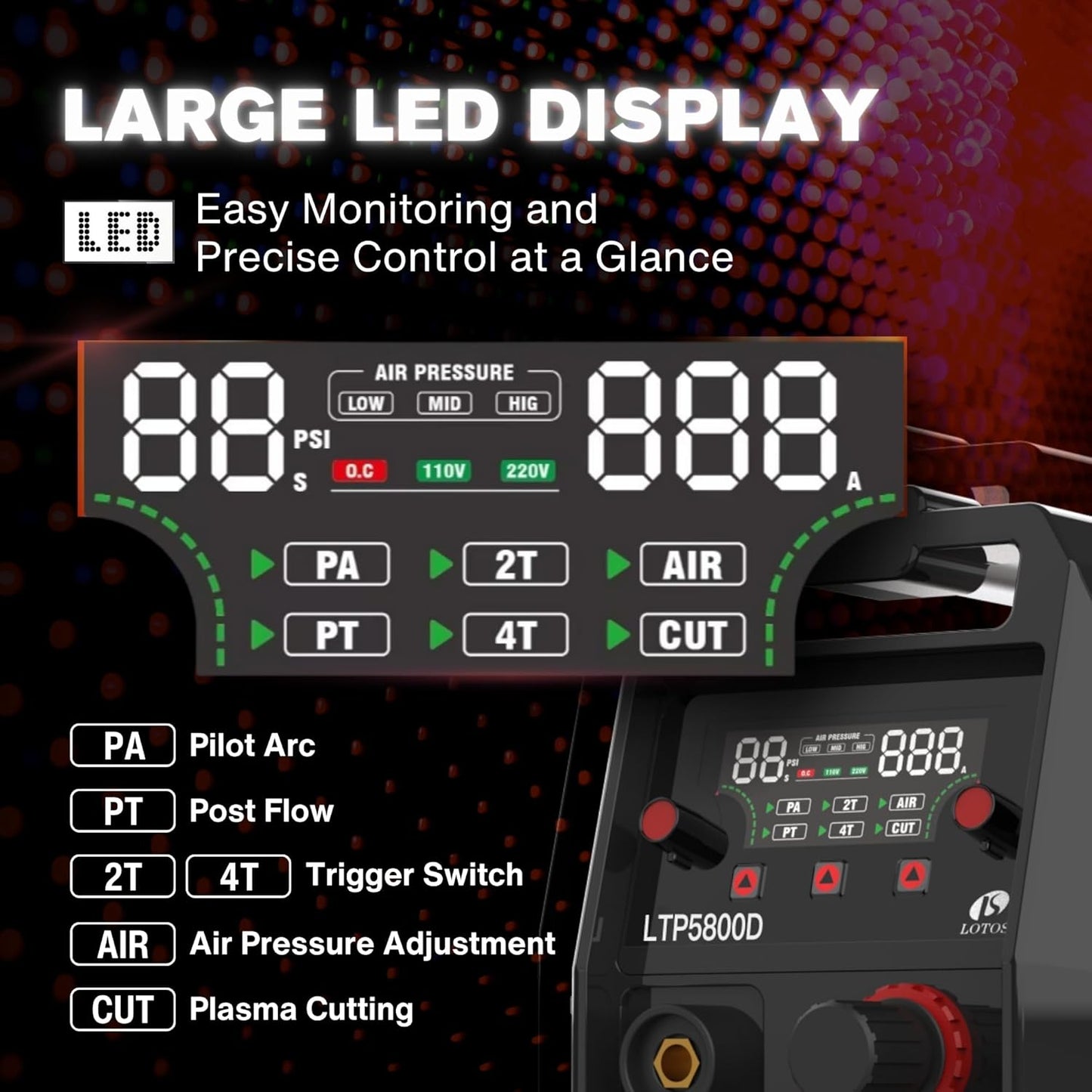LOTOS LTP5800D 58A Plasma Cutter, 5/8" Clean Cut (3/4" Severance), Non-Touch Pilot Arc, Up to 15% Faster Cutting, Dual Voltage 110/220V, LED Panel & Front Regulator, Portable Plasma Cutting Machine