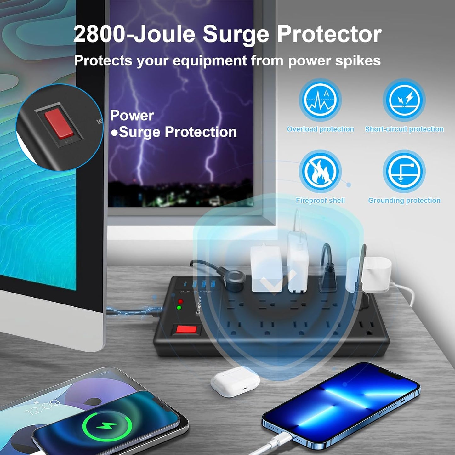 Surge Protector Power Strip 10 ft cord-15 Widely Spaced Outlets and 4 USB Ports(1 USB C Port),14 AWG Extension Cord,1875W/15A Heavy Duty Power Strip Surge Protector 10 ft Cord,2800J,Black