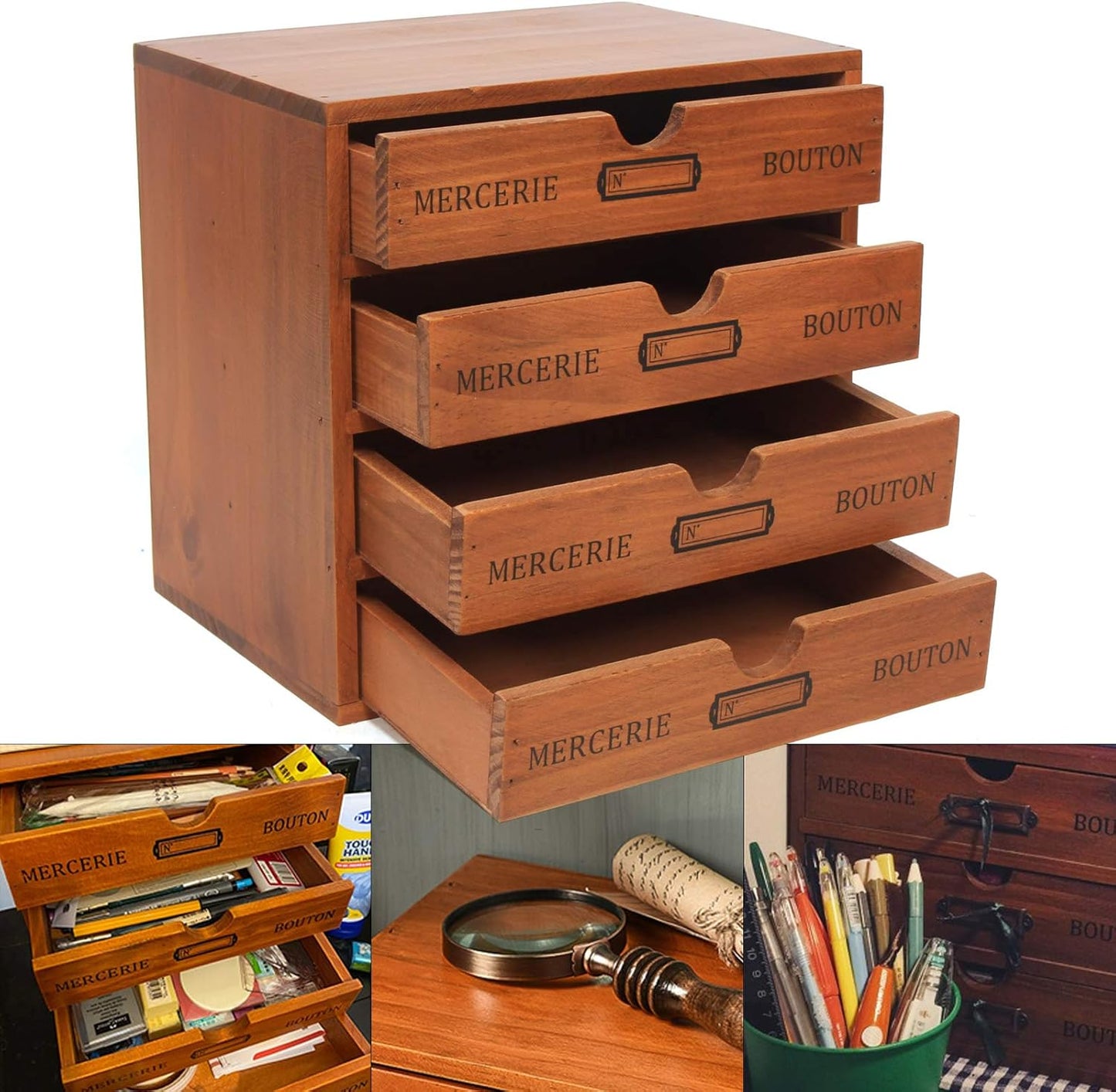 Vintage Drawer Wooden Desk Organizer, 16-Drawer Gift Storage Case Organizer Stand, Iron Label Holders, Brown, For Store Cosmetics, Files, Books, Letters, Papers, Magazines (4-Drawer)