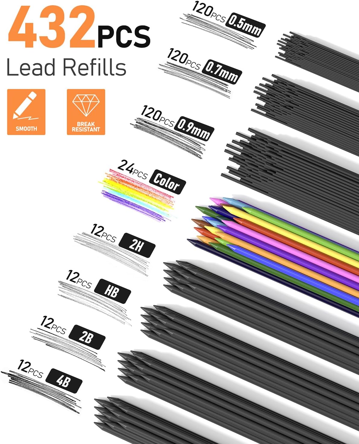 Four Candies 25PCS Art Mechanical Pencil Set with Case, 3PCS Metal Artist Lead Pencil 0.5, 0.7, 0.9 mm & 3PCS 2mm Holder (HB 2H 2B 4B Color) with 432PCS Graphite Lead Refills for Drawing Sketching