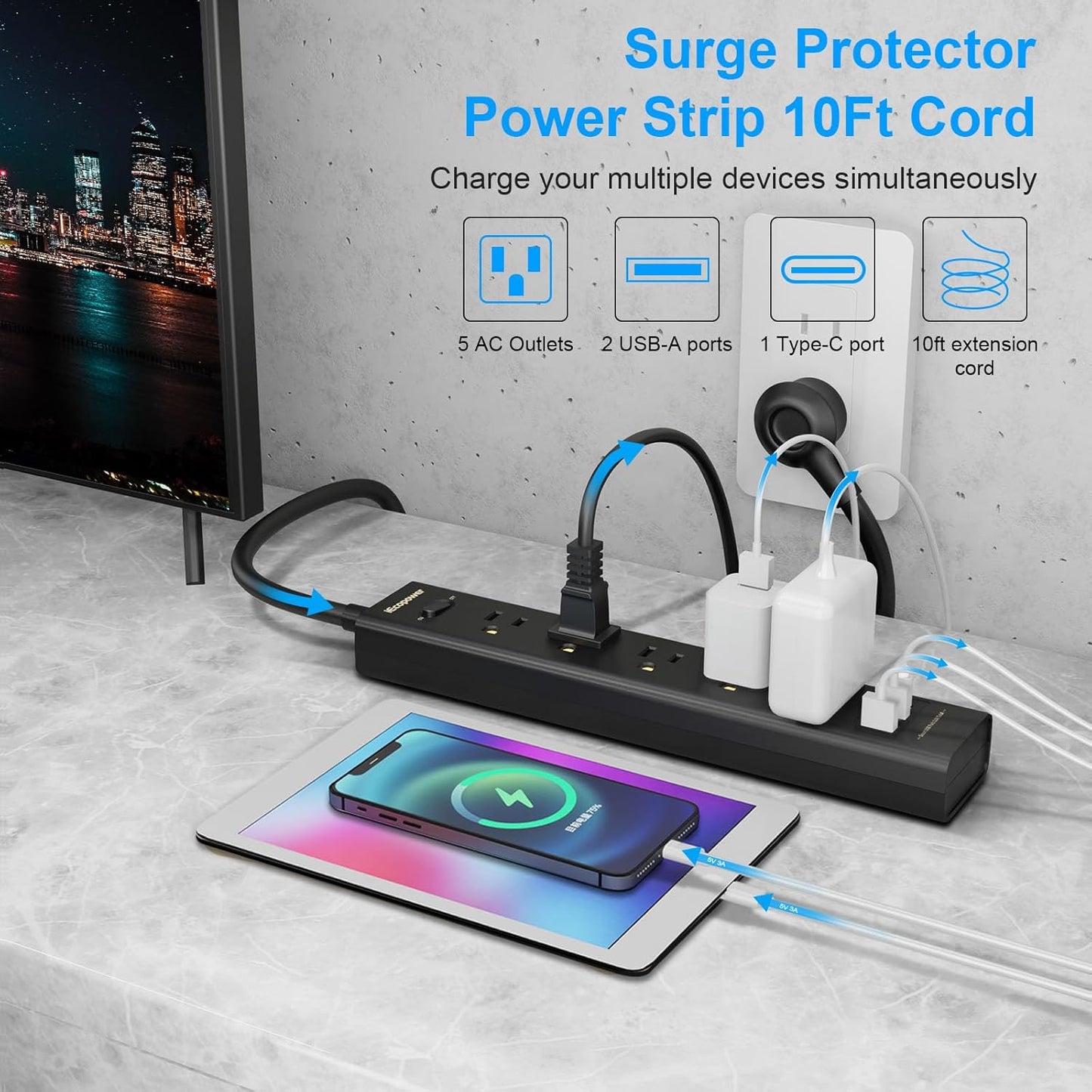10FT Long Surge Protector Power Strip-with 5 Widely Outlets and 3 USB Ports(1 USB C Port),10 Foot Extension Cord(1250W/10A),Wall Mount for Home Office,700 J,Black(2 Pack)