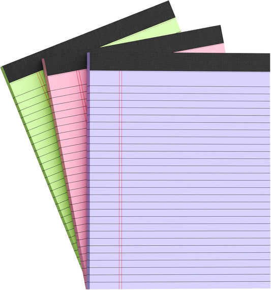 Colored Legal Pads 8.5 x 11 Note Pads 8.5 x 11 inch, Wide Ruled Clear Print Writing Pads 30 Sheets/Pad, 80gsm Colored Paper, Perforated Notepad with Sturdy Back (3 Pads)