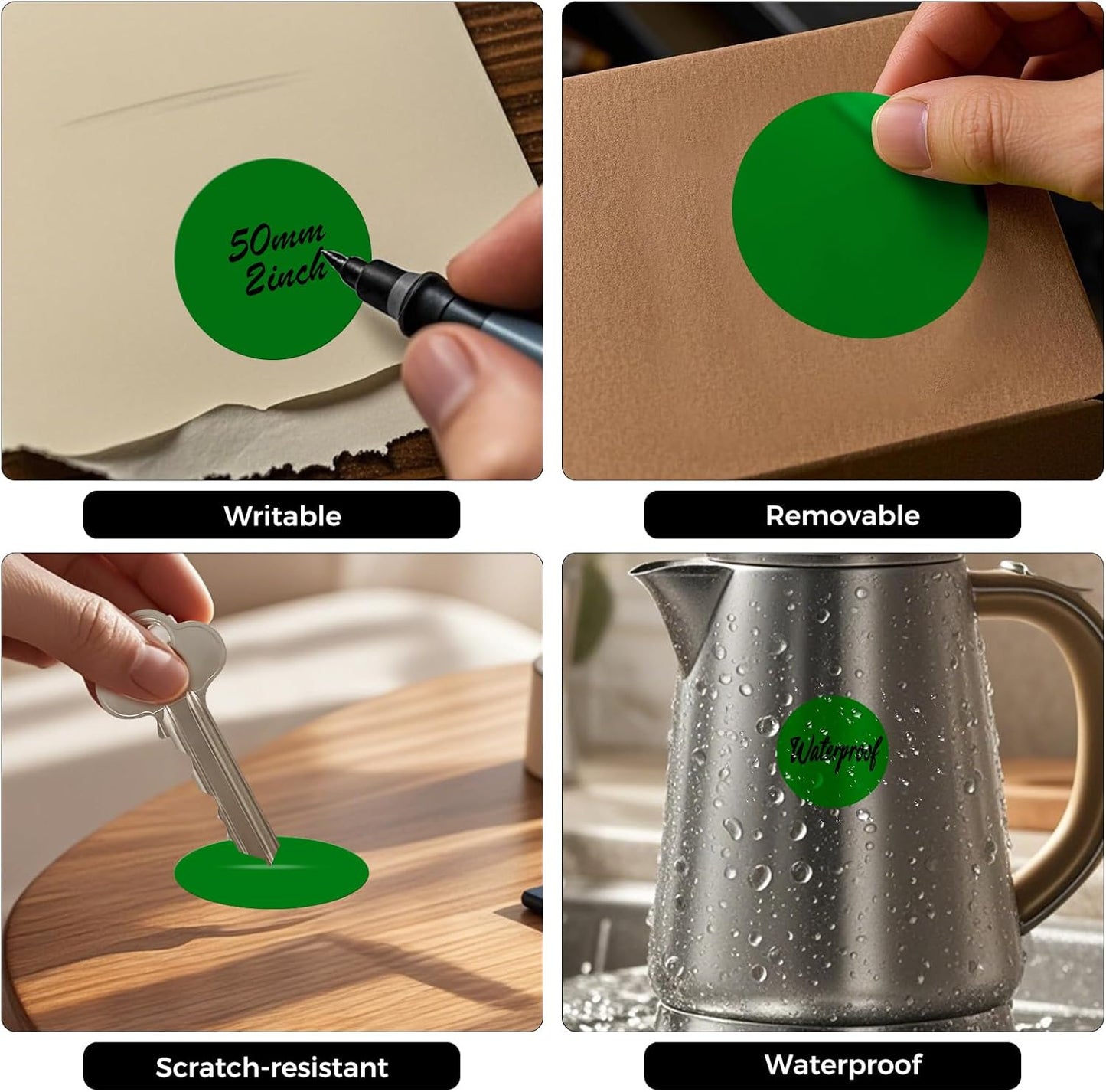 500 PCS Color Coding Round Stickers 2 Inch Vinyl Green Dot Sticker Removable Writable Circle Labels for Office Inventory Garage Yard Sale Tag