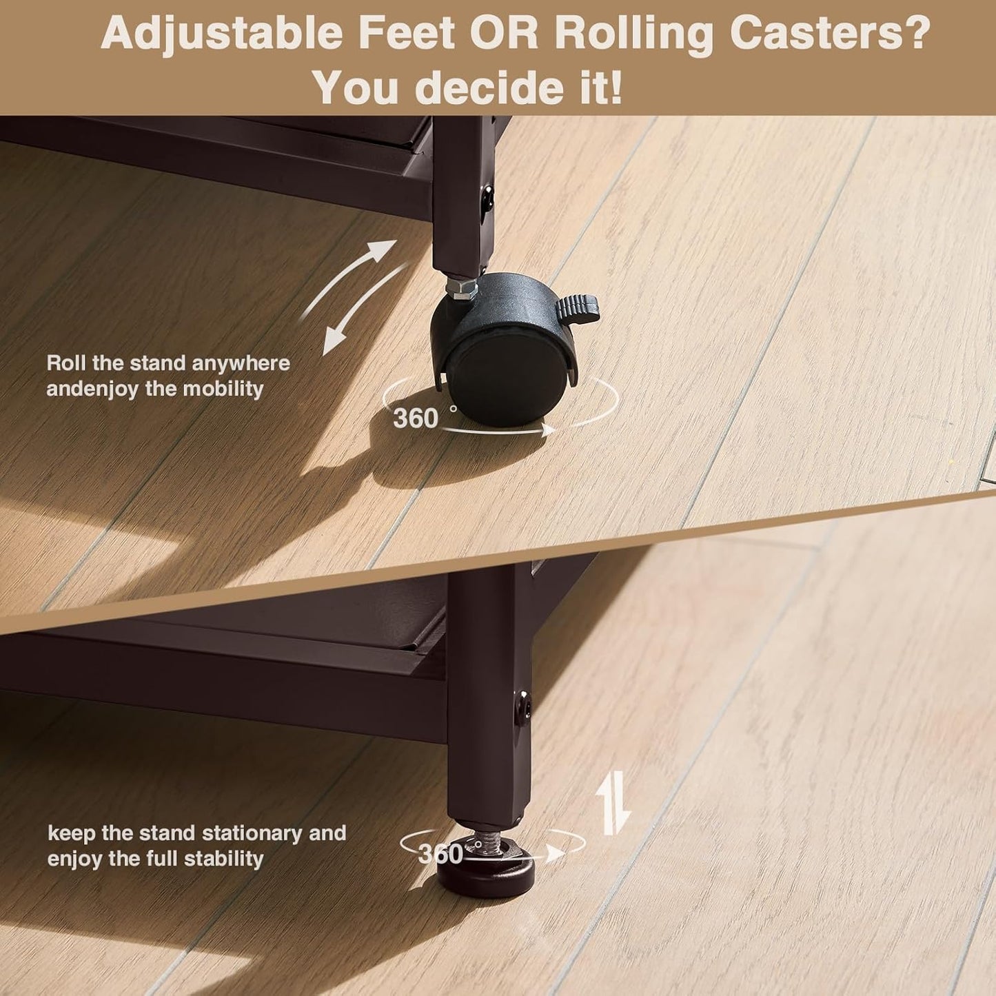 Lauren&Harold 34'' Printer Stand with Power Outlets & USB Ports, 3-Tier Adjustable Rolling Cart, Heavy Duty 150LBS Storage Table with Wheels for Office, Kitchen, Living Room, Bronze