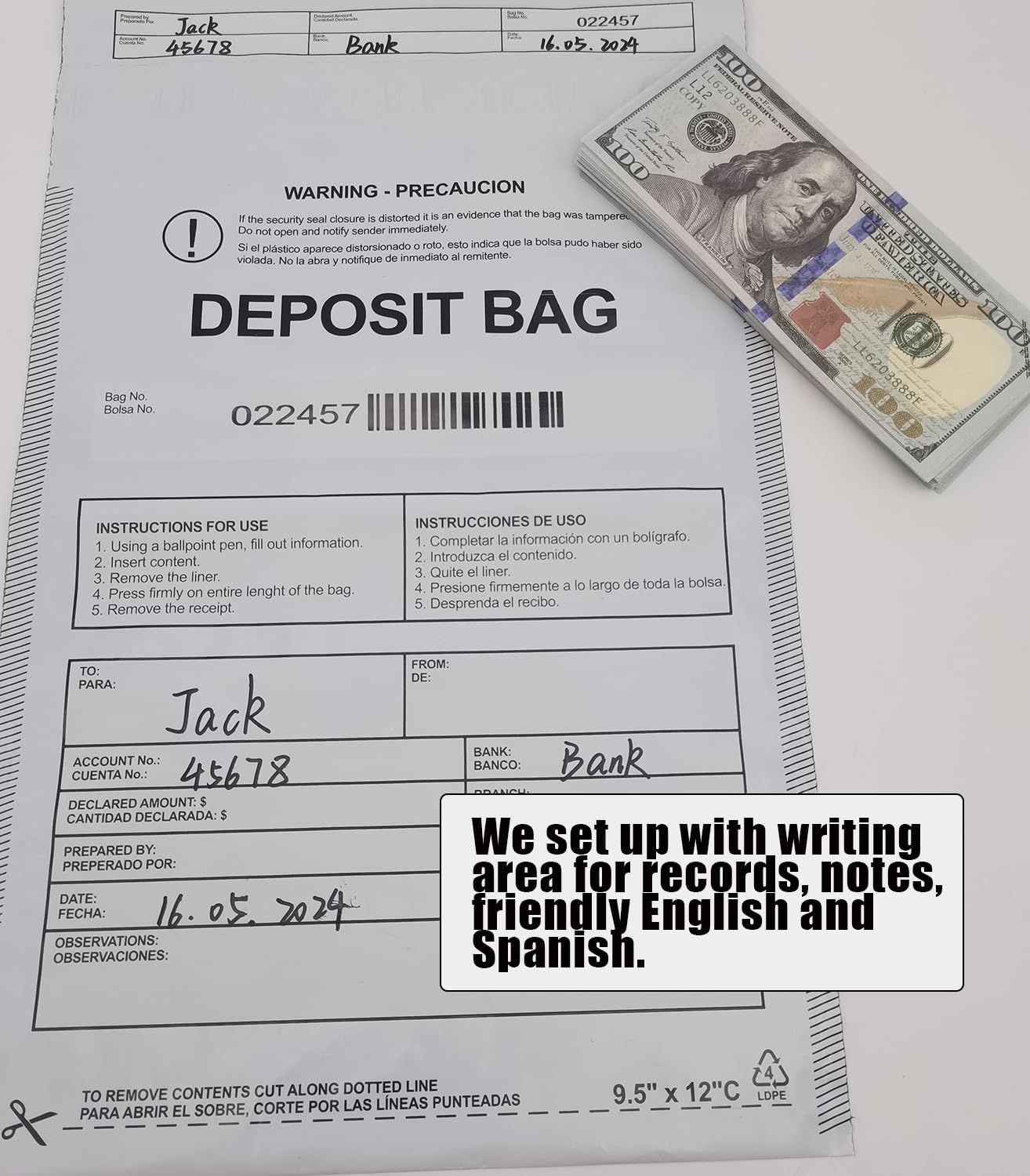 Plastic Deposit Bags 200 Pack Opaque 9.5''x 15'', Opaque Security Bank Deposits Bag,Cash register bags,Money bag for Cash,Bank Pocket,Tamper-Evident Bags,Unique Barcode