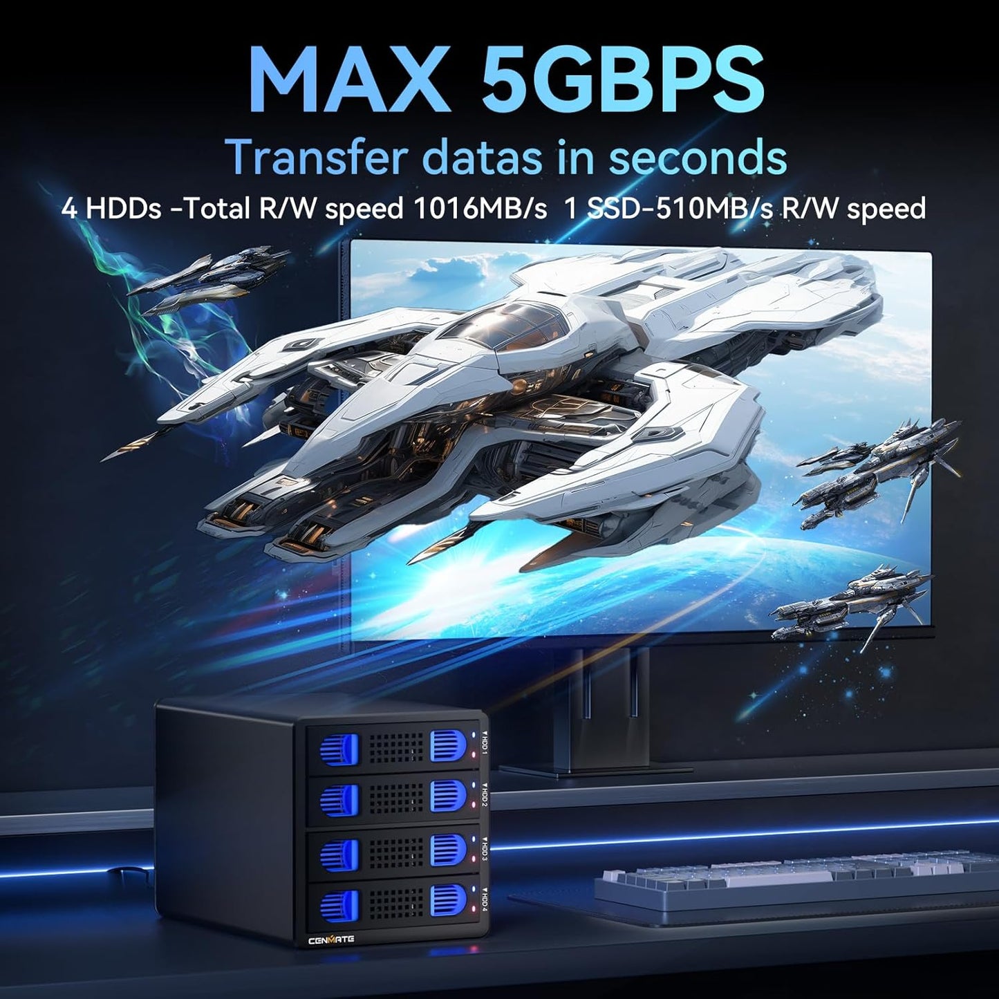 4 Bay Hard Drive Enclosure with Cooling Fan for 2.5/3.5" SATA HDD/SSD with USB A/C 3.0 Cable, Tool-Free HDD Enclosure, 3.5 Hard Drive Enclosure Support 80TB, Hot Swappable(NO RAID/NAS)