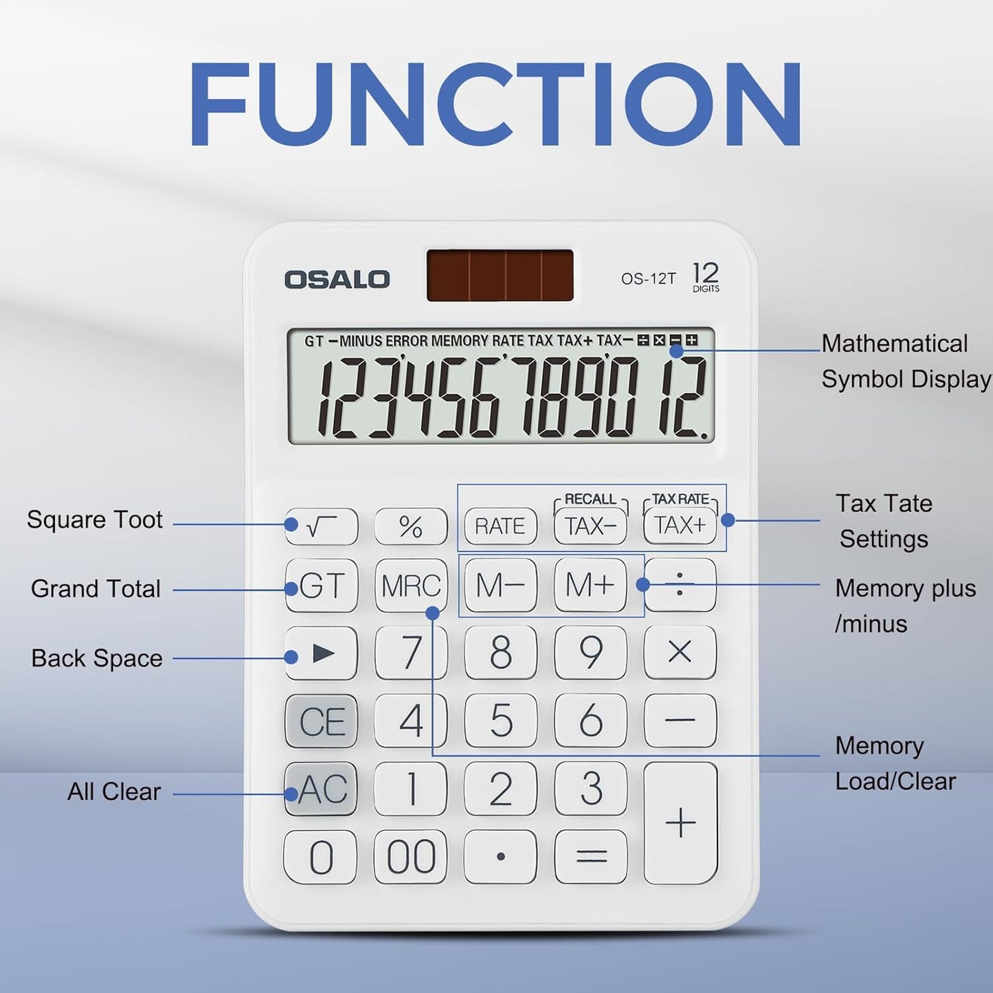 Pendancy Pocket Small Size Desk Calculator, 12 Digit Large LCD Display, Basic Tax Function Handheld Desktop Calculator with Solar Battery Dual Power, for Office, School, Business OS-12T (White)