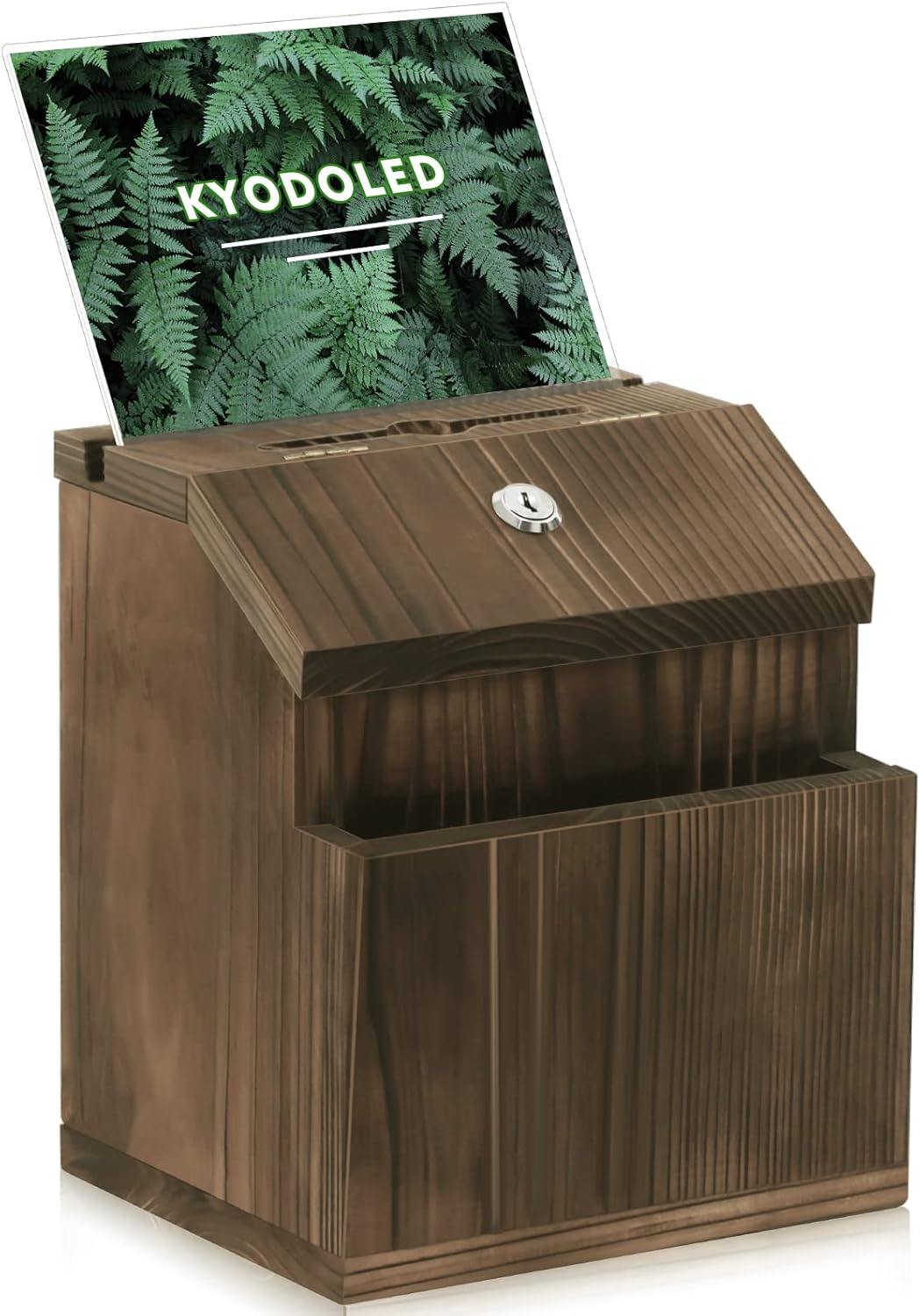 KYODOLED Wood Suggestion Box with Lock Wall Mounted, Rustic Ballot Donation Key Drop Box with Clear Acrylic Sign Holder and 30 Free Suggestion Cards 9H x 6.9W x 8.5L Inch