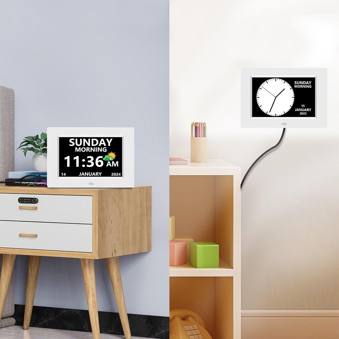 7 Inch Digital Clock with Day and Date for Elderly Alzheimer's Clock Customizable Alarms 3 Display Modes Large Font Alarm Clock for Seniors Auto DST White