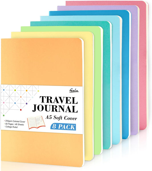 feela 8 Pack Soft Cover Journal Bulk, Notebooks College Ruled for Work, Lined Travel Journal for Students Women, Note Taking Notebook School Supplies Business Writing, 8.2” x 5.5”, A5, Pastel Colors