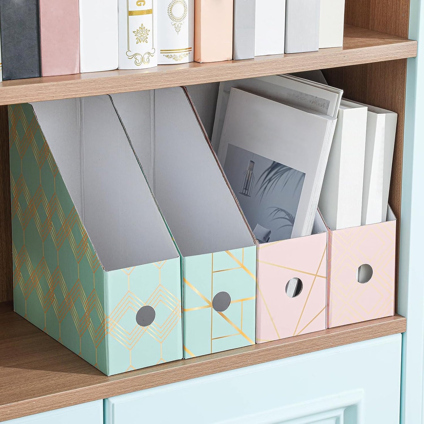 PerKoop 6 Pcs Magazine File Holder Foldable Decorative Cardboard File Folders 6 Patterns Floral Colored Magazine Rack with Printable Sticker Labels for School Office Home Desk (Geometric Lines)