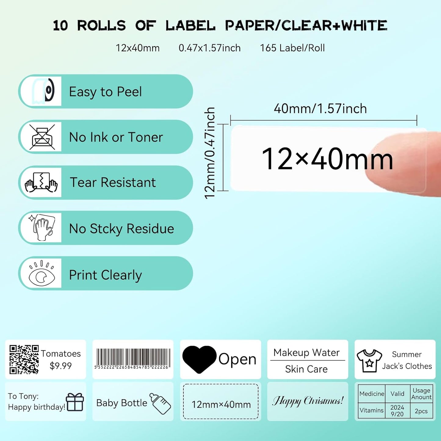 D30 P21 Label Tape 12 x 40 mm(0.47"x1.57"), d30 Labels Compatible with D30 Portable Label Printer Adapted Label Print Paper for Office 160 Labels/Roll, 10 Rolls (White+Transparent)