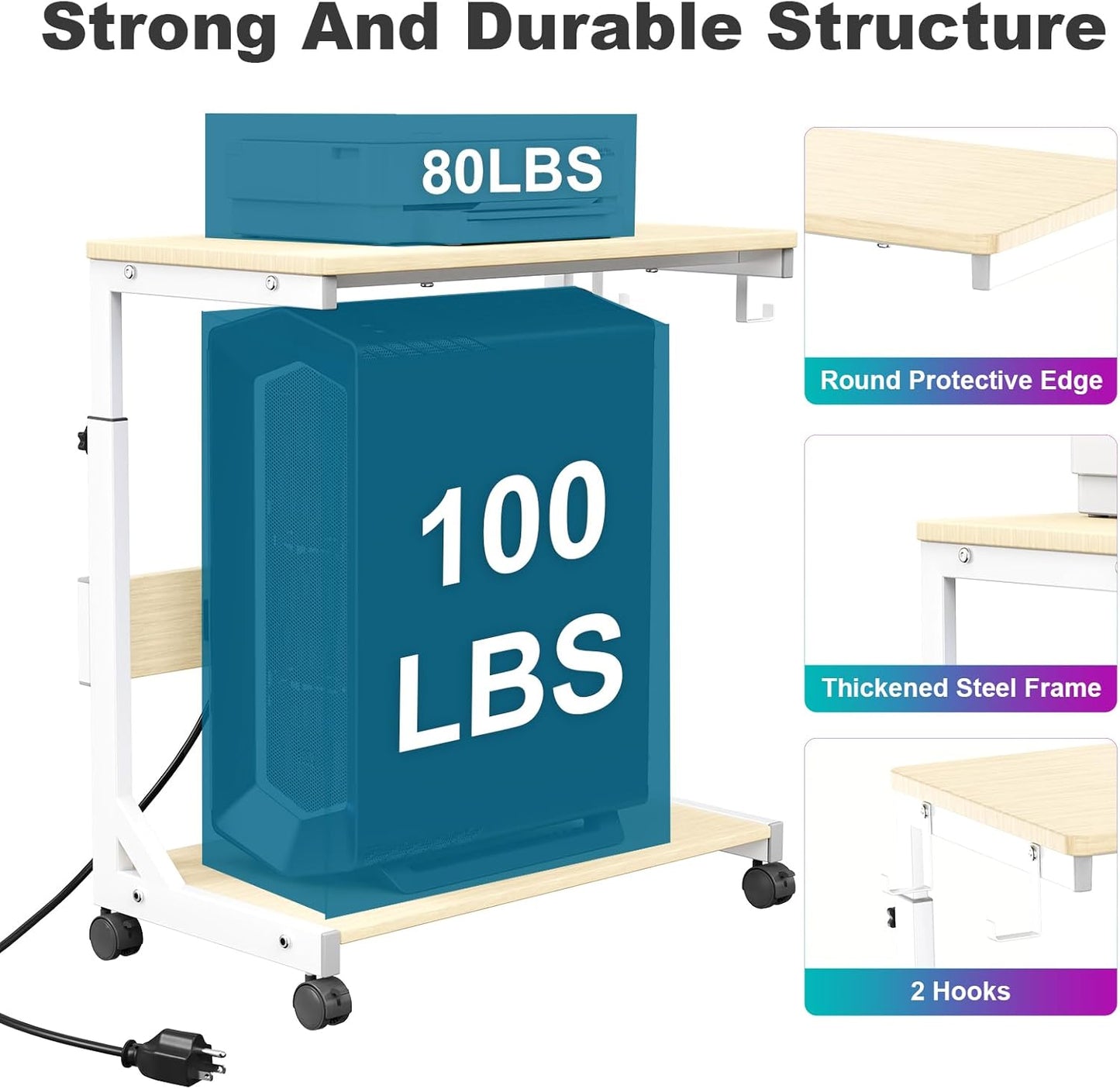 Height Adjustable Computer Tower Stand with Charge Station and USB Charging Port, 2-Tier ATX-Case Cart, Under Desk Mobile PC Stand, CPU Holder Cart with Locking Caster Wheels for Fits Most PC