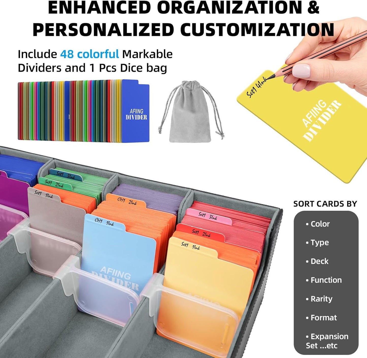 AFIING Trading Card Storage Box, MTG Deck Box with 48 Dividers & Supporters, Commander Card Deck Case Fits for Magic Game Cards, YugiOh, TCG, baseball and Sport Cards, Black Grey 3200+