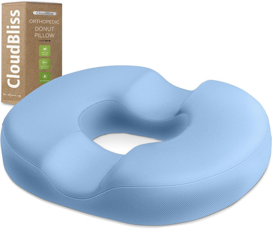 CloudBliss Donut Pillow Seat Cushion Chair Pad for Tailbone Pain Relief and Hemorrhoids, Memory Foam Seat Chair Cushion for Men and Women for Home & Office, (Light Blue-XL)