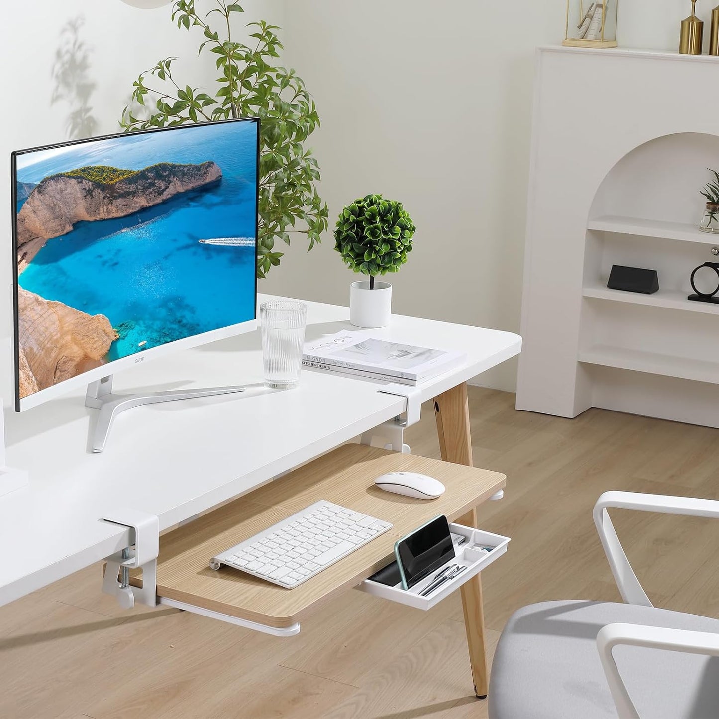 ETHU Keyboard Tray Under Desk, 26.77" X 11.81" Large Size Keyboard Tray with C Clamp-on Mount Easy to Install, Computer Keyboard Stand, Ergonomic Keyboard Tray for Home and Office (Oak)