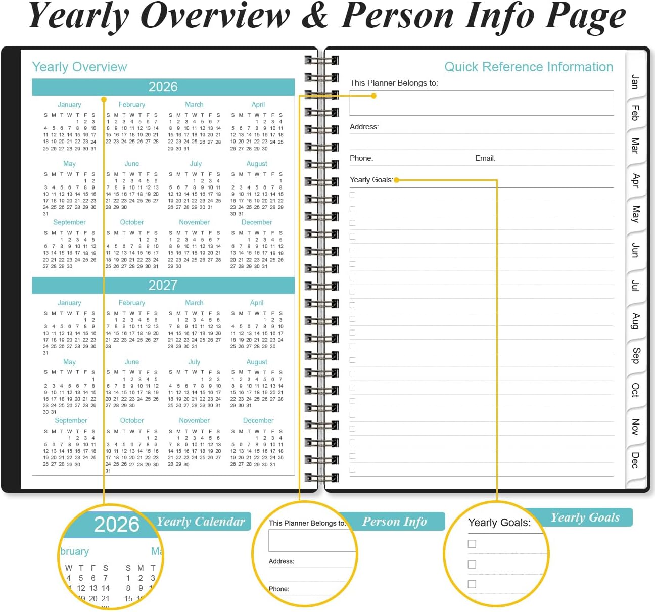 2026 Planner - Planner 2026 from January 2026 - December 2026, Weekly & Monthly Planner Spiral Bound with 12 Monthly Tabs, Inner Pocket, 6.4" x 8.5", Black-E