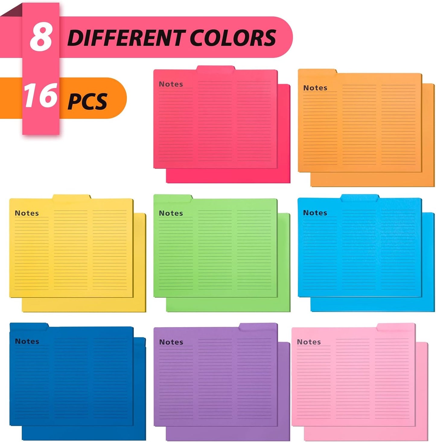 Shindel 16 Pack File Folders Letter Size, Notes Tabbed File Folders with Tabs, 9.6 x 11.5 Inch, 1/3 Cut Tabs, Manilla Letter Size Folder for Back to School, Business for Document, 8 Vibrant Colors