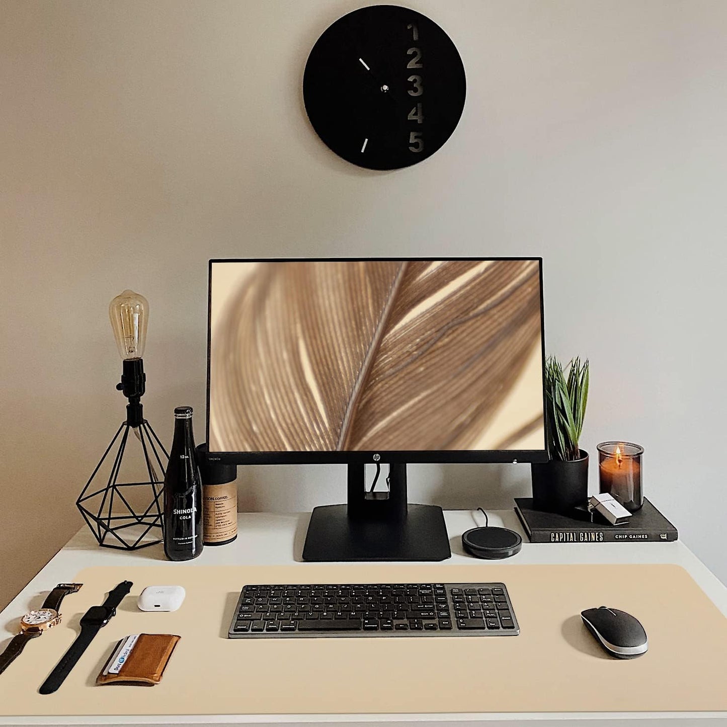 Leather Desk Pad, Mouse Pad, Non-Slip Desk Protector Mat, Leather Desk Blotter, Computer Desk Pad, Waterproof Desk Mat for Office Home Decor - Beige (31.5×15.7 Inches)