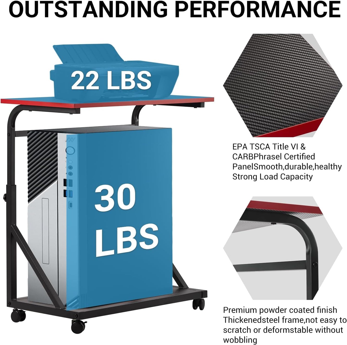 Ergonomic Height Adjustable Computer Tower Stand, 2-Tier CPU Holder Cart Under Desk, PC Floor Stand for Office Gaming Black and RED