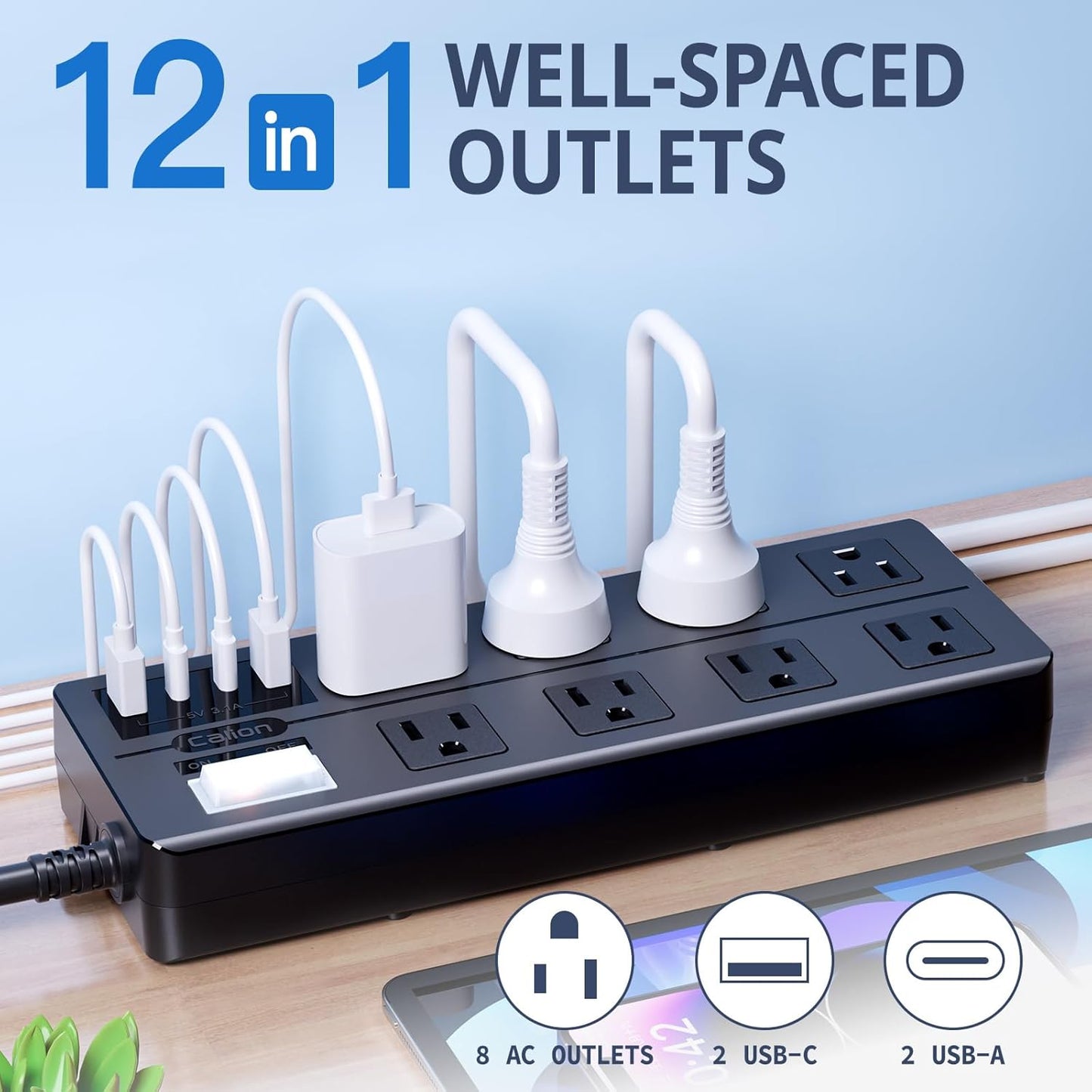 Outdoor Power Strip Weatherproof,Waterproof Surge Protector with 8 Wide Outlet with 2 USB-A and 2 USB-C, 10FT Extension Cord,1875W Overload Protection,Outlet Extender for Patio,Outdoor Decorations