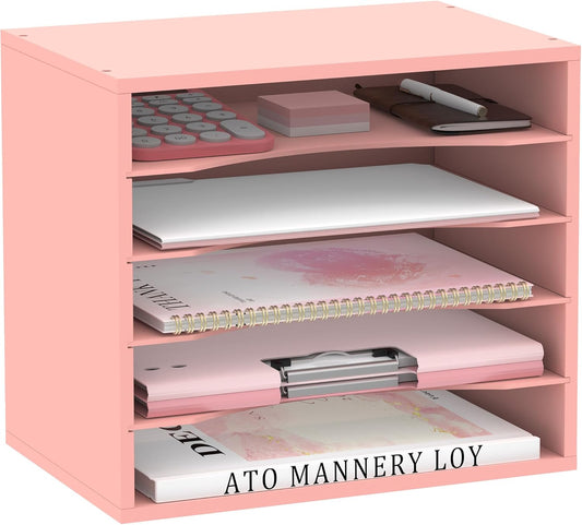 SUPEASY Wood Desk Organizer, 5 Tier Paper File Organizer for Desk, Wooden Desktop Organizer, Paper Letter Literature Mail Sorter, for Office School & Home Organization, Pink