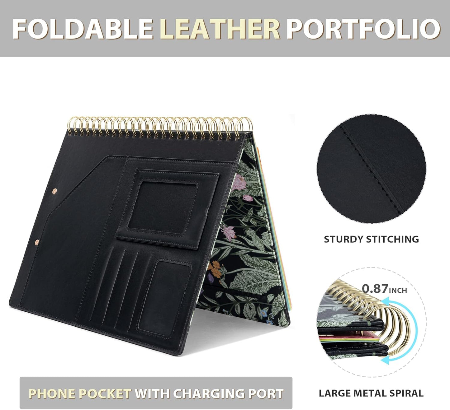 Clipboard with Storage for Men Women, Leather Padfolio Portfolio Organizer 5 Folders with 10 Pockets, Spiral Clipboard Folio with Notepad for Letter Size, Elastic Closure and Pen Loop Floral