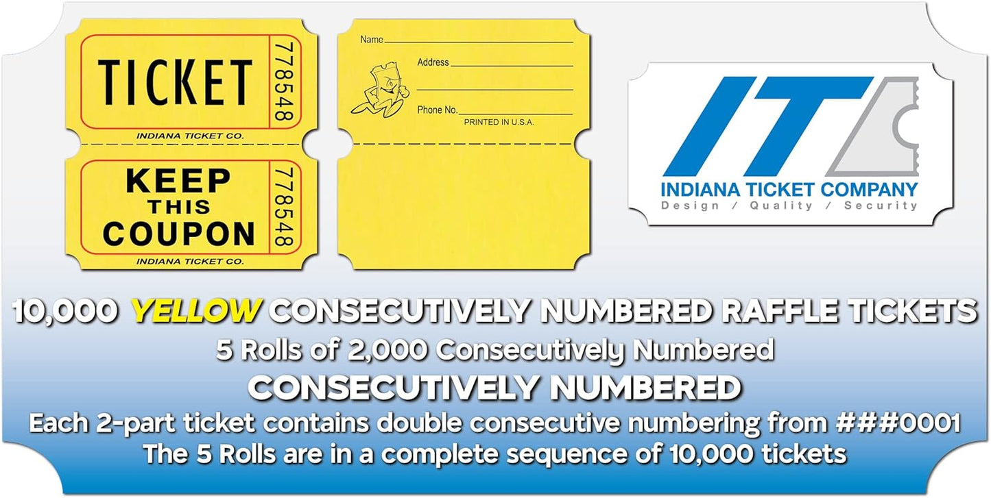 INDIANA TICKET CO. 10,000 Yellow CONSECUTIVELY Numbered Raffle Ticket Roll. 5 Rolls of 2,000, for Classroom Rewards, Events, Fundraisers, Door Entry, Raffles, Prizes, Drink/Food Tickets, & More