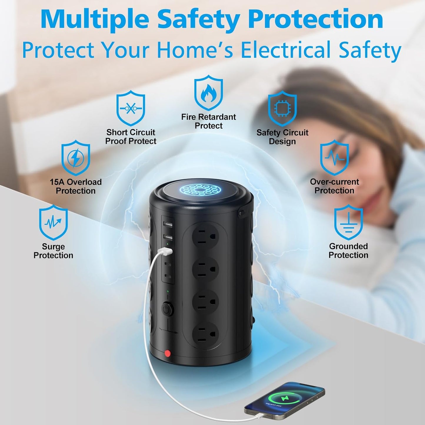 Surge Protector Power Strip,Desk Charging Station with 15W Wireless Charger, Multiple Outlets Charging Station with 16 AC Outlets & 5 USB (2 USB C) Port, for Home, Office, Dorm Room（10FT）