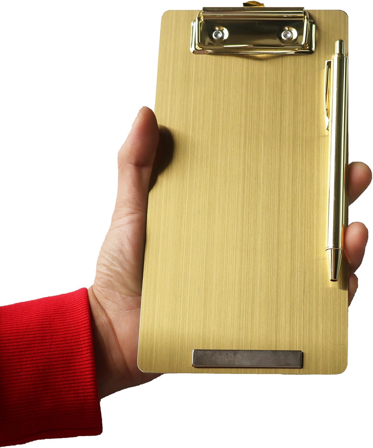 Stainless Steel Magnetic Clipboard with Pen - Multiple Sizes, Magnetic Design, Essential for Office and Home (Gold 4.3 x 8.5 Inches)