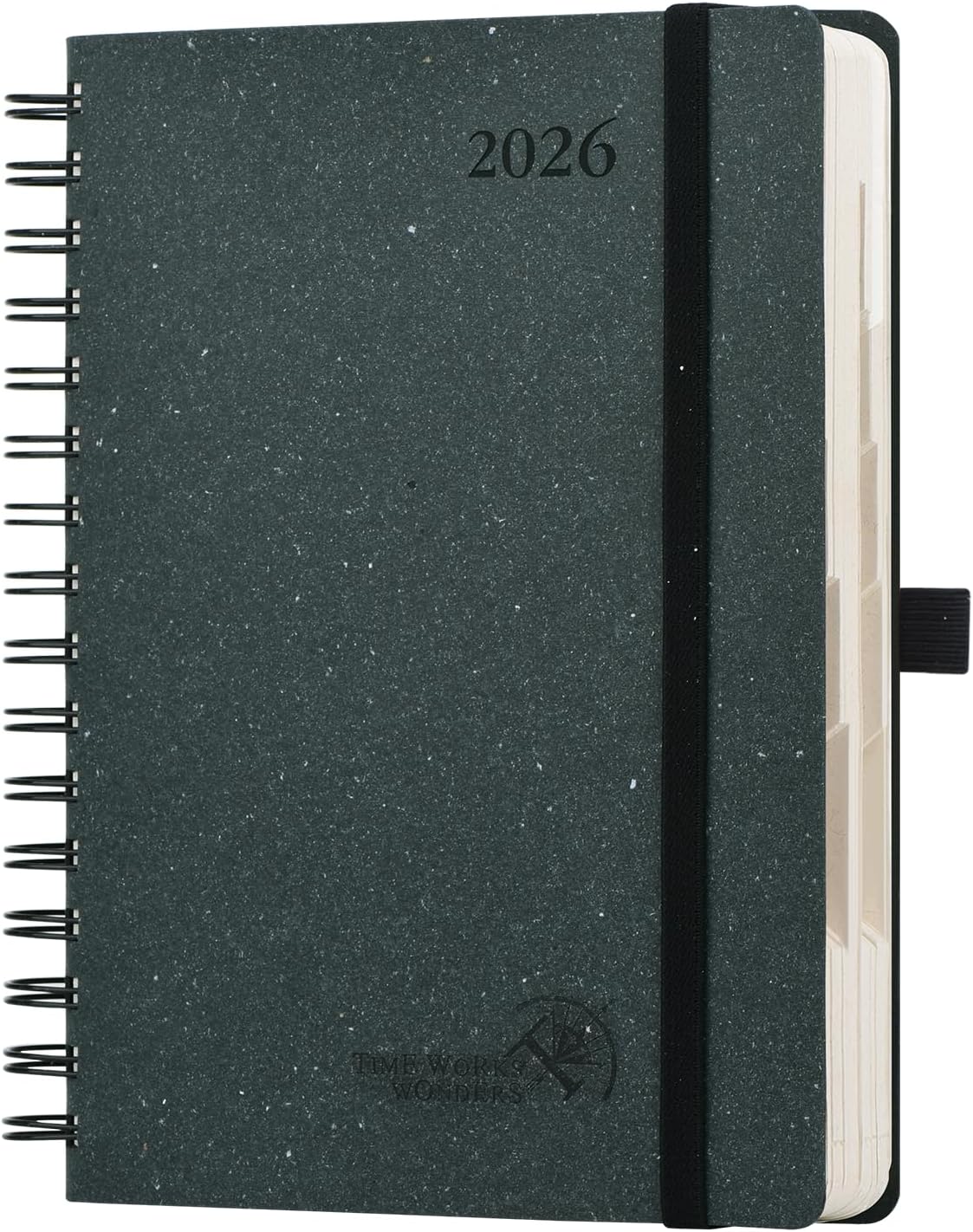 POPRUN 2026 Daily Planner One Page A Day - [5.75" x 8.5"-100% Recycled Materials Spiral Soft Cover] - 2026 Agenda with Monthly Calendar, Folded Inner Pocket - Black Grey