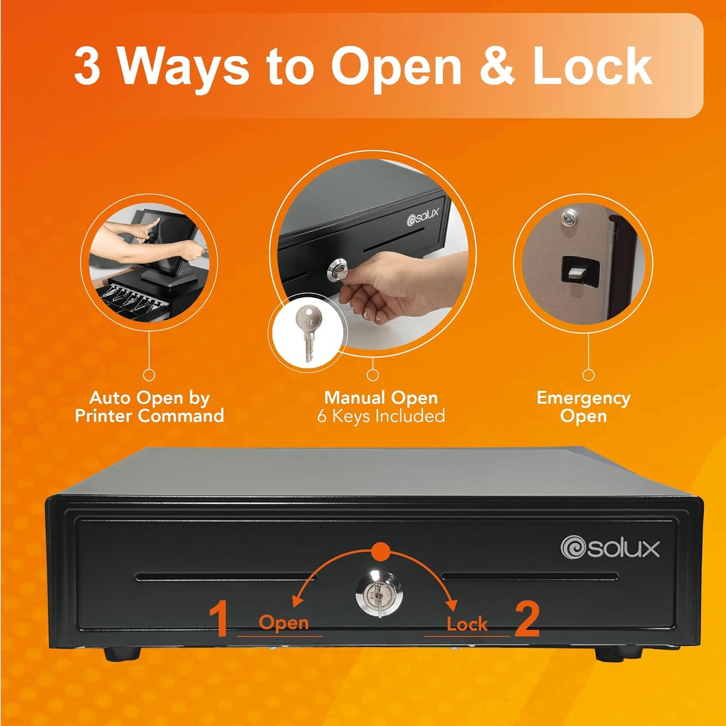 SOLUX 16" Cash Drawer - Cash Registers - Cash Register Drawer for POS - Square Cash Drawer - for Small Businesses - Removable Coin Tray - 24V, RJ11/RJ12- Key Lock - 5 Bill - 5 Coin, Black