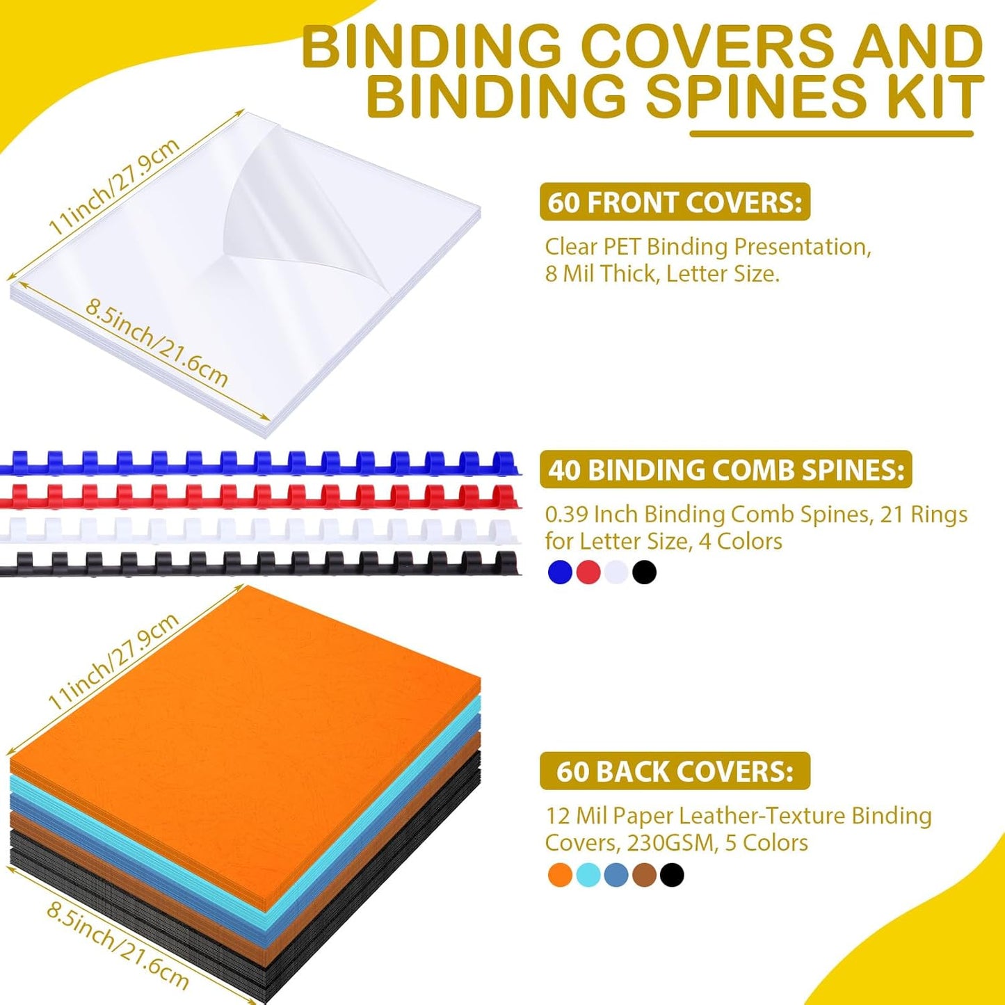 160 Pack Binding Covers and Combs kit 8.5x11 Inches Include 60 Pcs 12 mil Leather Texture Binding Cover 60 Pcs 8 mil Clear PET Presentation Covers 40 Pcs Binding Combs Letter Size(Vivid Color)