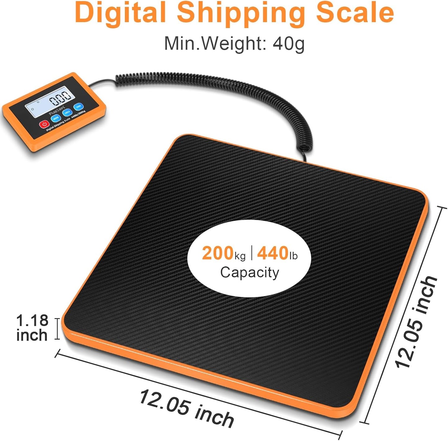 Fuzion Shipping Scale, 440LB/200KG x 10g Digital Postal Scale, Hold/Tare Function, Postage Scale for Packages Small Business/Luggage/Mailing, Battery & AC Adapter Included
