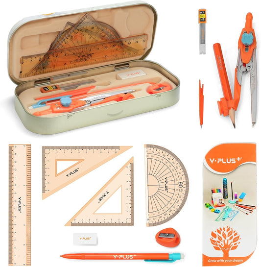 YPLUS Geometry Set for Students, Math Protractor Compass with Rulers Mechanical Pencil, Box of Protactors Kit for Class Supplies and School Kids Toddler - 12 Pcs, Back to School Supplies for Kids