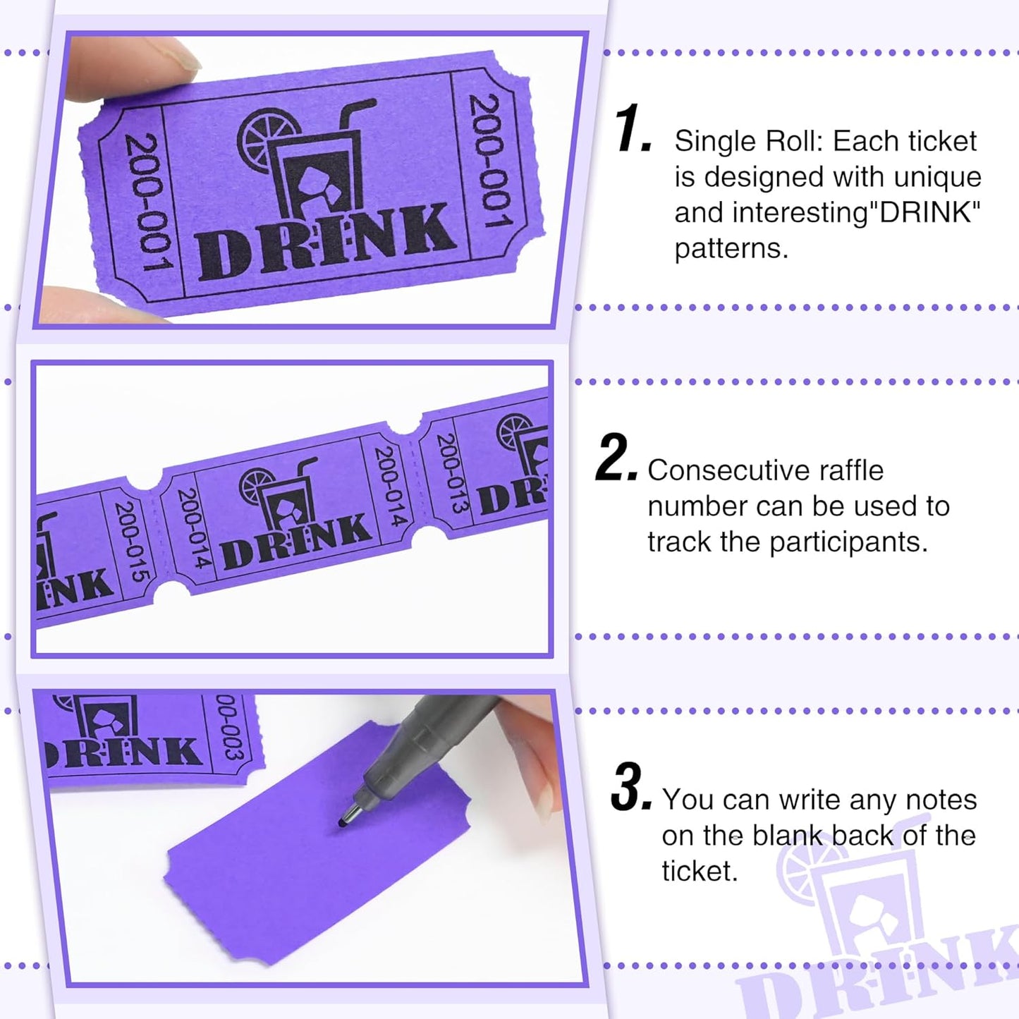 ESSENTIAL 1000 Raffle Tickets Rolls, Drink Tickets Single Roll for Events, Leisure, Movie Watching, Entertainment, Class Reward & Prizes (Purple - 5 Color Selection)