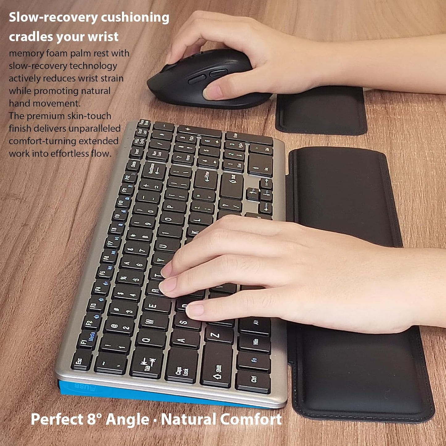 Wireless Keyboard and Mouse Combo with Keyboard Mouse Wrist Rest Pad - Ergonomic Design for Typing Pain Relief, Desk Pads Support Hand and Arm, 2.4G Stable Connection，Adjustable DPI