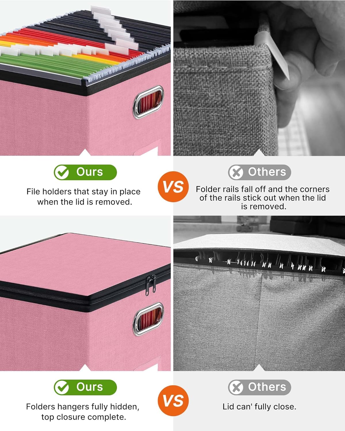 Oterri 1 Pack Large File Organizer Boxes with Lids, File Box with Mesh Pockets, Document Organizer Box for Legal/Letter Size Folders, Zippers Important Document Organizer (Pink, Without Folders)