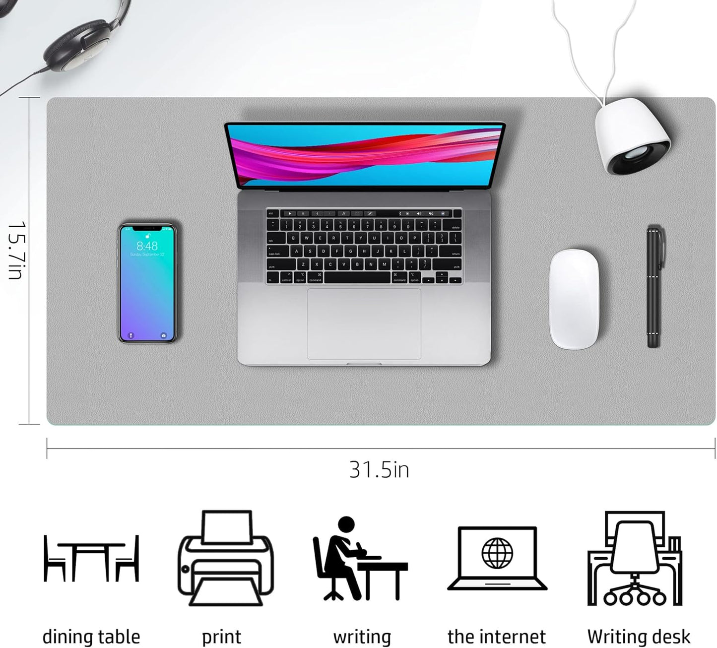 Aothia Double-Sided PU Leather Desk Pad - Non-Slip Large Mouse Pad & Desk Mat for Office, Home - Waterproof, Easy to Clean, Durable Dual-Sided Surface (31.5" x 15.7", Grey)